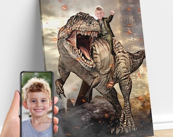 Personalized Child Riding a Giganotosaurus Dinosaur Art, Custom Portrait From Photo, Dinosaur Birthday Party, Gifts for Kids and Adults