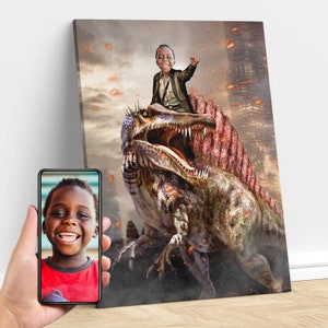 Personalized Kid Riding a Spinosaurus Jurassic Dinosaur Art, Custom Portrait From Photo, Dinosaur Birthday Party, Gifts for Kids and Adults