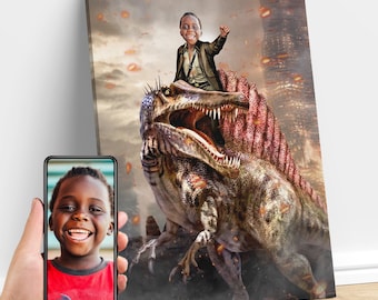 Personalized Kid Riding a Spinosaurus Jurassic Dinosaur Art, Custom Portrait From Photo, Dinosaur Birthday Party, Gifts for Kids and Adults