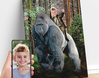 Personalized Child Riding a Gorilla Portrait, Animal Art, Custom Portrait From Photo, Gorilla Birthday Party, Gifts for Kids and Adults