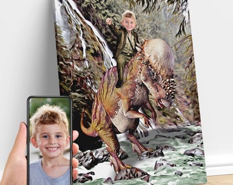 Personalized Kid Riding a Pachycephalosaurus Dinosaur Art, Custom Portrait From Photo, Dinosaur Birthday Party, Gifts for Kids and Adults