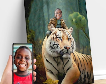 Personalisiertes Kind, das eine riesige Tigerkunst reitet, benutzerdefinierte Porträt vom Foto, Tiger Geschenk, Tiger-Geburtstagsfeier, Geschenke für Kinder und Erwachsene