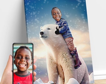 Personalisiertes Kind, das einen Eisbären niedliche Kunst reitet, benutzerdefiniertes Porträt vom Foto, Eisbär-Geburtstagsfeier, Bärengeschenk, Geschenke für Kinder und Erwachsene