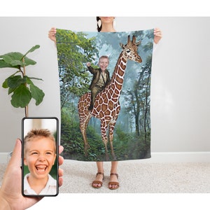 Personalized Child Riding a Giraffe Blanket, Custom Velveteen Plush Blanket, Giraffe, Giraffe Birthday Gift, Personalized Blanket for Kids image 4