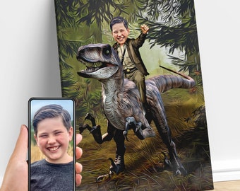 Child Riding Velociraptor Jurassic Dinosaur, Custom Child Portrait From Photo, Raptor Dinosaur, Dinosaur Decor, Birthday Gifts for Kids