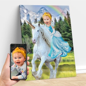 Niña montando unicornio, retrato infantil personalizado de la foto, lienzo de unicornio personalizado, decoración de unicornio, cumpleaños de unicornio, regalo de unicornio para niños