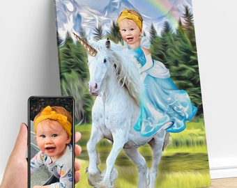 Girl Riding Unicorn, Custom Child Portrait From Photo, Personalized Unicorn Canvas, Unicorn Decor, Unicorn Birthday, Unicorn Gift for Kids