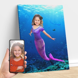 Personalized Girl Mermaid, Custom Child Portrait From Photo, Mermaid Decor, Mermaid Birthday, Mermaid Gift for Kids