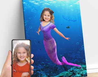 Personalized Girl Mermaid, Custom Child Portrait From Photo, Mermaid Decor, Mermaid Birthday, Mermaid Gift for Kids