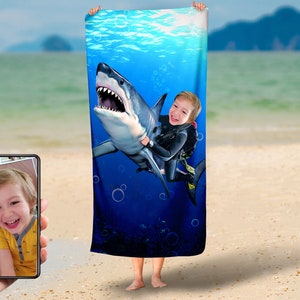 Personalized Kid on Shark Bath Towel, Shark Beach Towel, Birthday Gift Favors, Custom Photo Towel, Beach Bath Towel, Gift for Kids