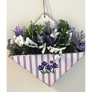 Spring Flowers Wood Wall Pocket Striped Lilac, White/Lavendar Floral, Greenery. Spring Decor