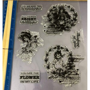 Clear stamp, Victorian girls, flowers, Greetings scrapbooking, card making, crafting.