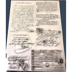 May include: Clear acrylic stamps with vintage script and postal designs. Includes handwritten letters, postal receipts, and circular stamps. Ideal for scrapbooking, card making, and other paper crafts. Features French text.