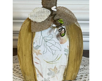 Hand crafted muted tone, Harvest theme embellished wood pumpkin. Gold, Brown