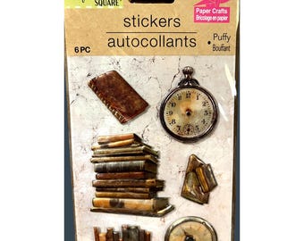 Puffy Stickers, Vintage look, Book Stack, Pocket watch, Journal, Scrap booking, Crafting