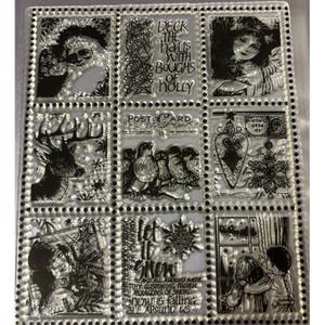 May include: Clear stamp set featuring Christmas-themed illustrations. Designs include Santa Claus, an angel, a deer, birds on a branch, a heart, a snowflake, and children looking out a window. Text includes "Deck the halls with boughs of holly" and "Let it snow".