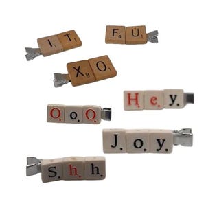 Upcycled Game Letter Hair Clips / Word Wooden Barrette / Repurposed Plastic Tile Hair Accessory / IWOULDBUYTHATCO
