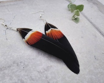 New Zealand Iridescent Red and White with Black Handcrafted Feather Earrings