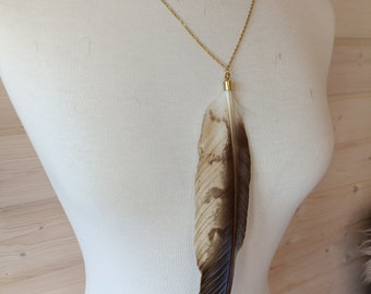 Op de afbeelding: Een lange ketting met een natuurlijke veren hanger, bestaande uit een bruin en crème gekleurde vogelveer bevestigd aan een dunne goudkleurige metalen ketting met een kleine goudkleurige metalen dop die de bovenkant van de schacht vasthoudt.
