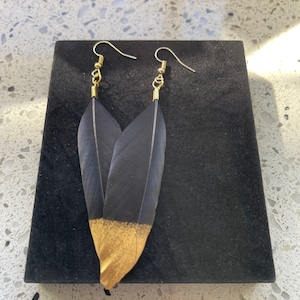 Black With Gold Feather Earrings.