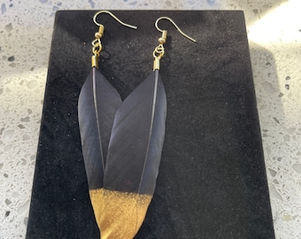 Black With Gold Feather Earrings.