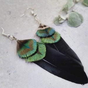 Handmade Feather Dangle Earrings: Iridescent Peacock & Duck Feather, New Zealand