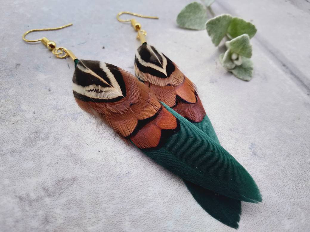 Three Tier Iridescent New Zealand Pheasant Handcrafted Feather Earrings