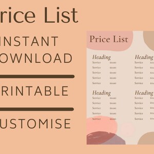 Pricing List - Price List template - Printable List - Instant Download - Customisable template