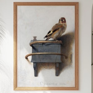 Manifesto del Cardellino, stampa di uccelli, opera d'arte museale, riproduzione d'epoca, dipinto olandese, decorazione da parete per ufficio, regalo di inaugurazione della casa