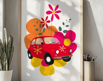 Impresión vintage del Fiat 500 Flower Power: póster de coche retro