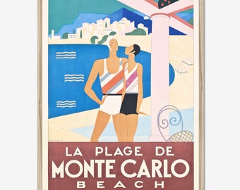 Beach poster, Vintage Monte Carlo affiche, Art deco print