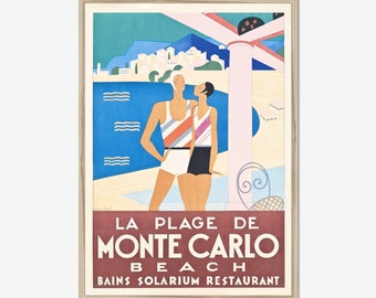 Beach poster, Vintage Monte Carlo affiche, Art deco print