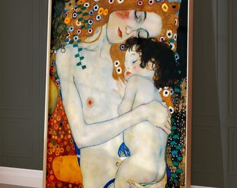 May include: A painting of a mother and child. The mother is nude and has long, flowing red hair. She is holding the child, who is also nude, in her arms. The painting is done in a style that is reminiscent of Gustav Klimt, with a lot of gold and floral patterns.