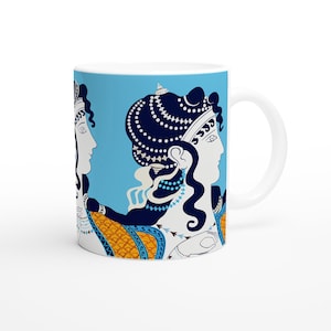 Greek Mug, Blue Ladies cup, Crete souvenir, Minoan art, Historical illustration
