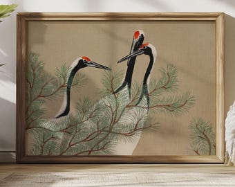 Póster de grullas, impresión de pájaro japonés