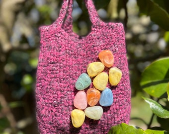 Rainbow/ Handmade Wool Handbag/ Pink Handmade Bag with Multicolour Stones