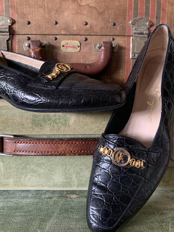 Salvatore Ferragamo 90s Embossed Leather Loafers/ Vintage 