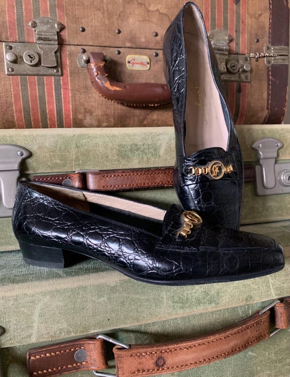 Salvatore Ferragamo Polished Leather Loafers With Decorative Metal Emblem - NWT Salvatore Ferragamo 90s Embossed Leather Loafers/ Vintage  main image 2