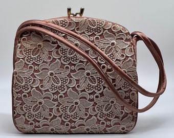 Waldybag 40s Silk Crochet Handbag/ Vintage 40s Floral Crochet Bag/ Waldybag 40s Pink Silk Handbag