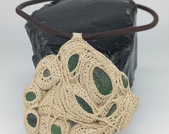 Ensemble/ Handmade Crochet Pendant + Choker / Handmade Crochet and Stones Pendant with Brown Choker