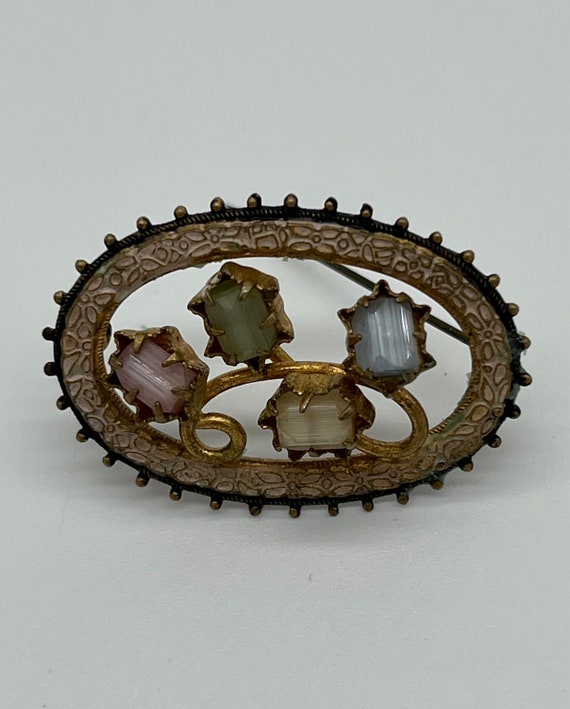 Broche Bijou Vintage Ovale Avec Pierre Naturelle Polie - Support Couleur Or - Réf. 3437