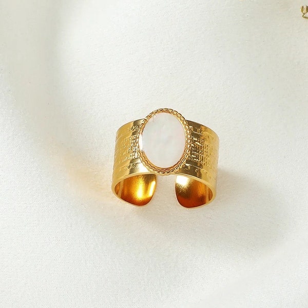 Mother of pearl ring, Tarnish free ring, 18K gold filled ring, Waterproof ring, cigar band ring, open chunky gold ring.