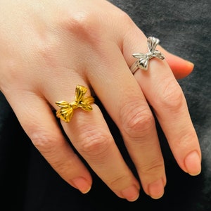 Tarnish free ring, 18K PVD gold Bow ring and Silver Knot ring, Waterproof ring, open trendy rings for her him.