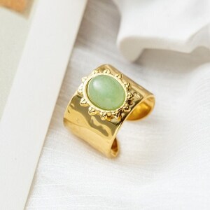 Tarnish free ring, aventurine ring, 18K PVD gold open Waterproof ring, Imitation stone of green Jade ring, Fit sizes 6 & 7, trendy rings.