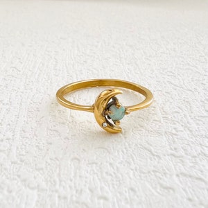 Crescent moon ring, waterproof ring, dainty opal ring, Tarnish free ring, 18K Pvd dainty gold filled ring, moon and star ring.