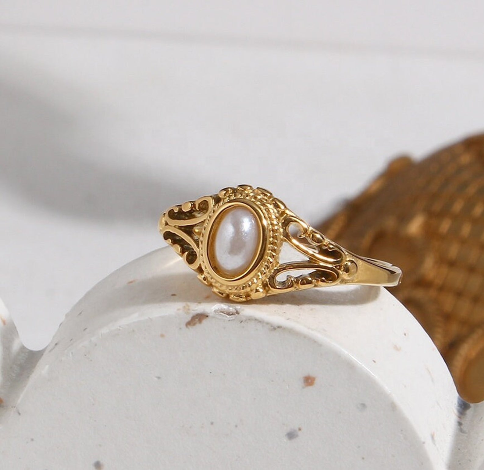 Vintage Pearl Ring Tarnish Free Ring Waterproof Ring 18K - Etsy