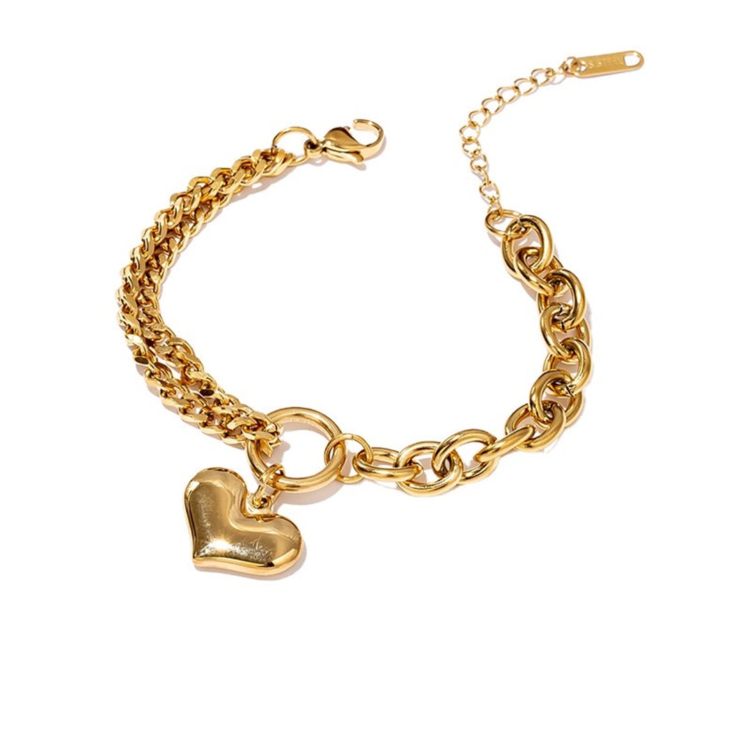 Heart Chain Bracelet, Waterproof Bracelet, Thick Gold Bracelet, Tarnish