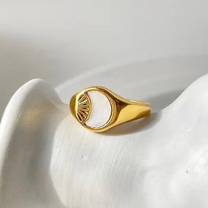 Mother of pearl ring, Celestial ring, tarnish free ring, 18K gold filled ring, Waterproof ring, sun ring, trendy rings for her him.