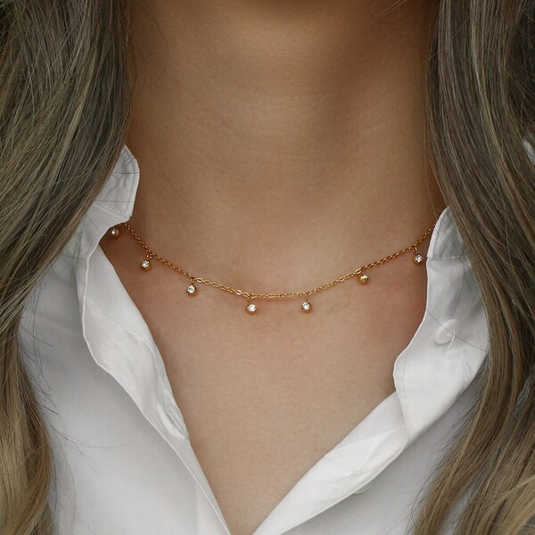 Dainty gold choker, Waterproof necklace, 18K pvd gold Simple choker, Dainty chain choker, Stacking necklace for her him.