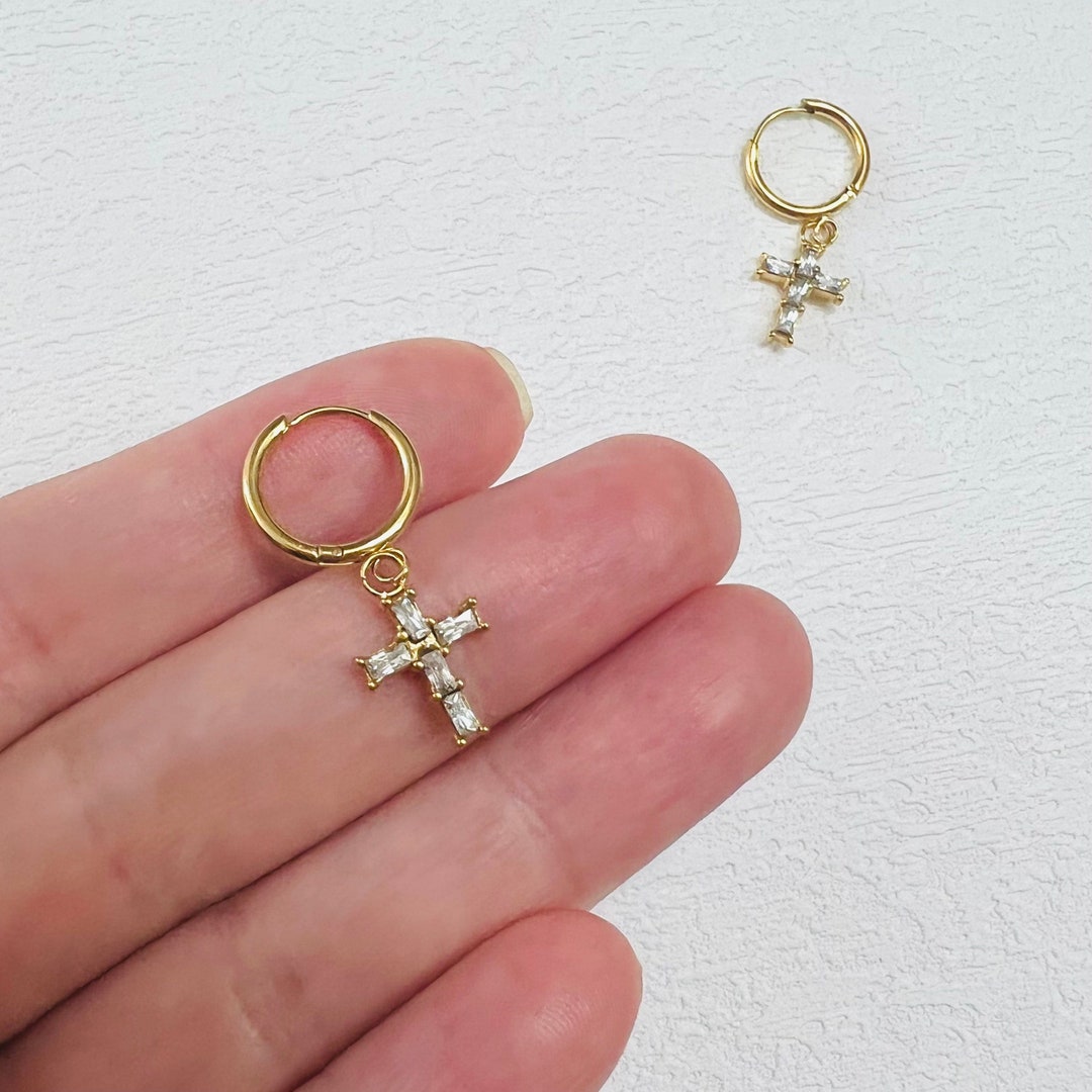 Cross Hoop Earrings, Cross Huggie Hoops, 18K PVD Gold Cross Earrings, Waterproof Earrings